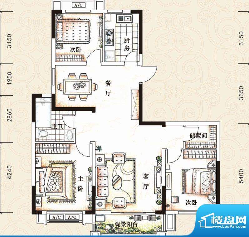 广弘城国际社区E 3室面积:128.00m平米