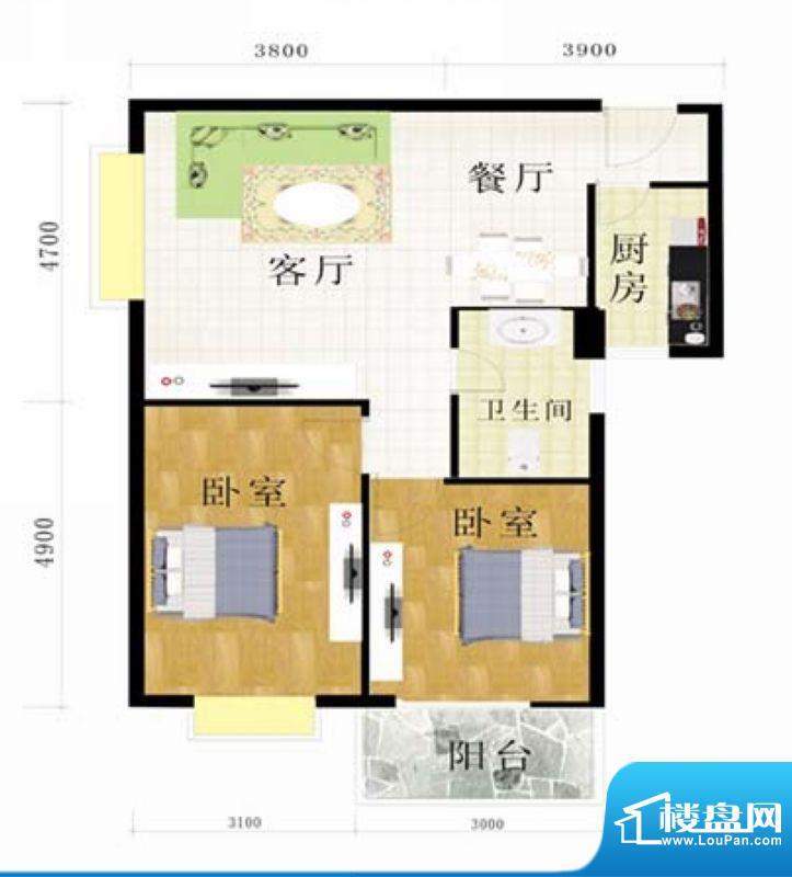 金地华府2-B户型 2室面积:89.29m平米