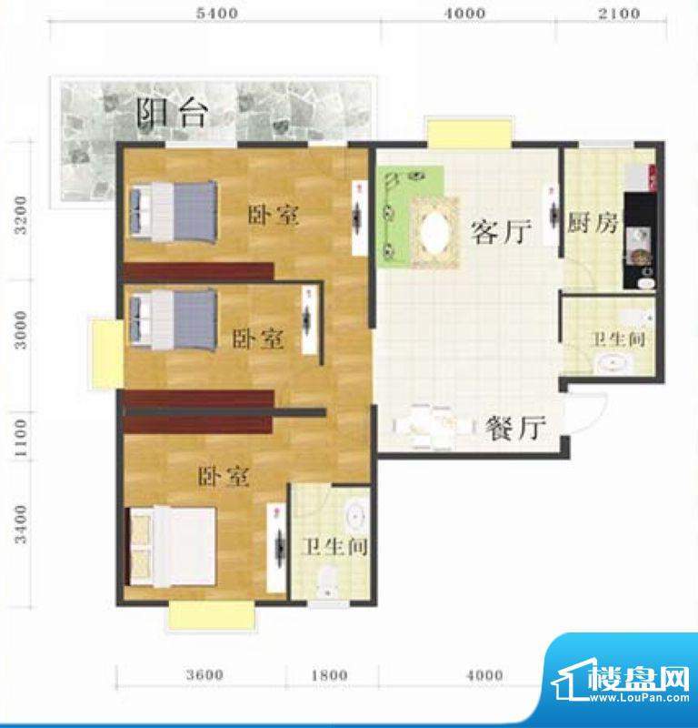 金地华府4-D户型 3室面积:125.00m平米