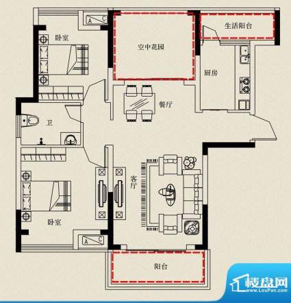 金山丽景A-1户型 2室面积:88.03m平米