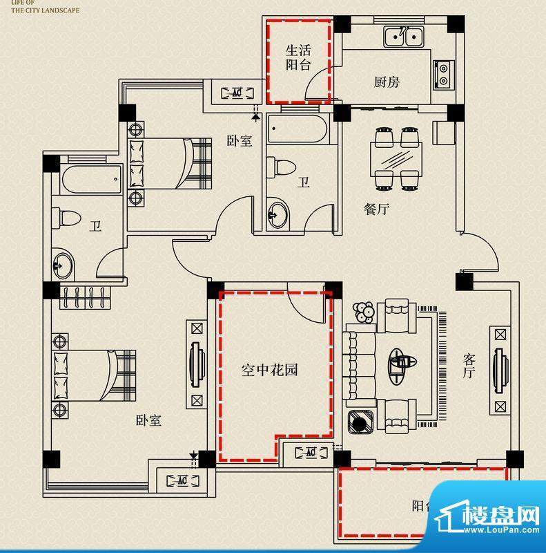 金山丽景B-1户型 2室面积:104.80m平米