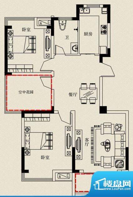 金山丽景D-1户型 2室面积:93.42m平米