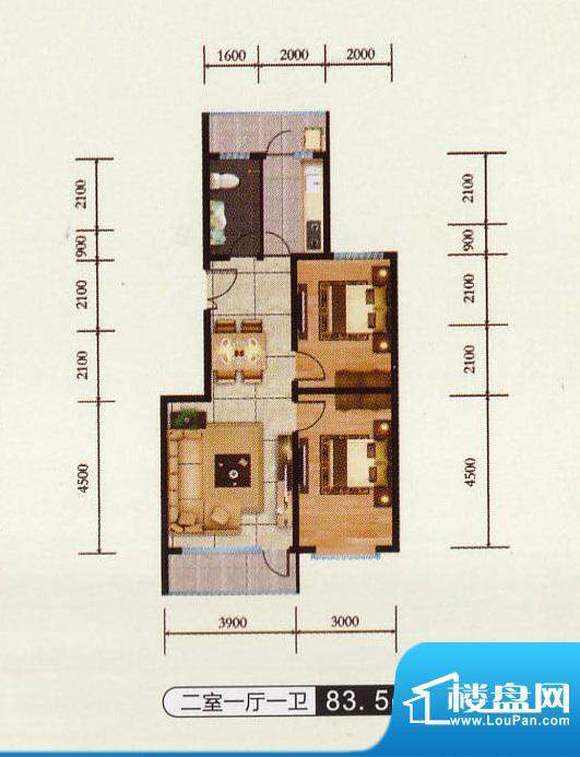 千金新城户型3 2室1面积:83.50m平米