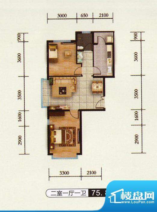 千金新城户型5 2室1面积:75.80m平米