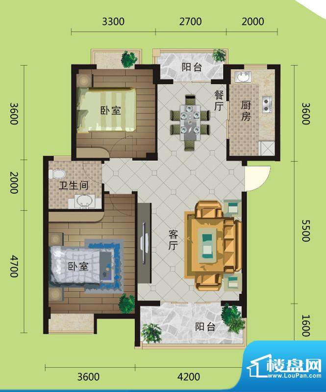 桂花城A1户型图 2室面积:87.00m平米