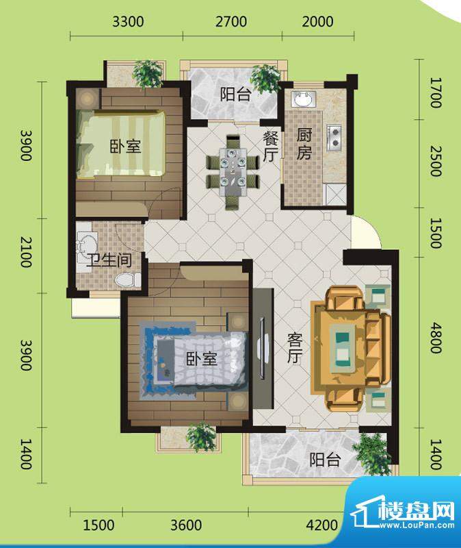 桂花城A2户型图 2室面积:90.00m平米