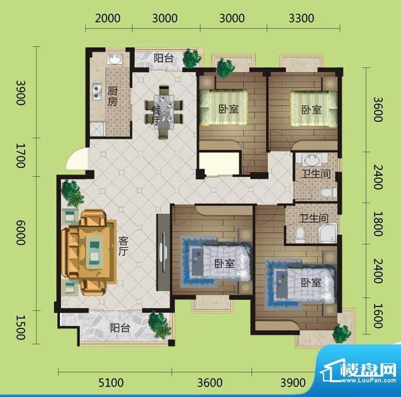 桂花城A4户型图 3室面积:150.00m平米