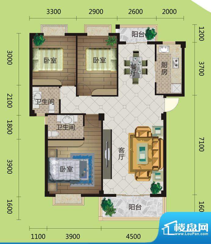 桂花城A7户型图 3室面积:121.00m平米