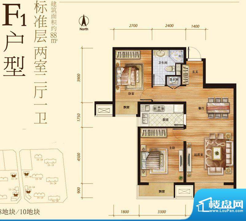 中粮万科长阳半岛F1户型 2室2厅面积:88.00平米