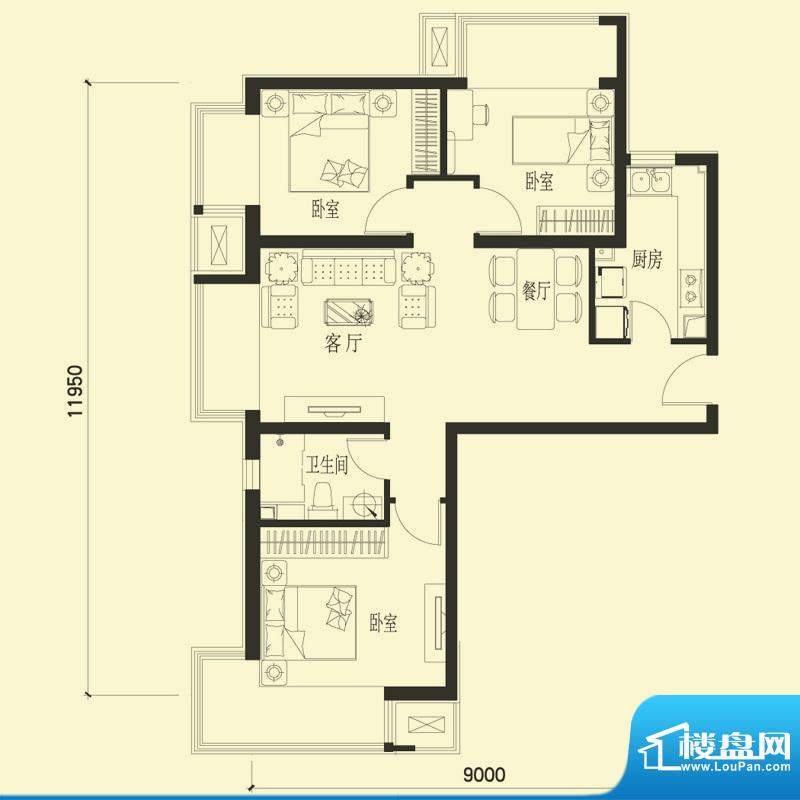 金融街·融汇D户型 3室2厅1卫1面积:106.00平米