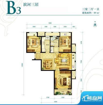金地朗悦小高层B3户型图 3室2厅面积:89.00平米