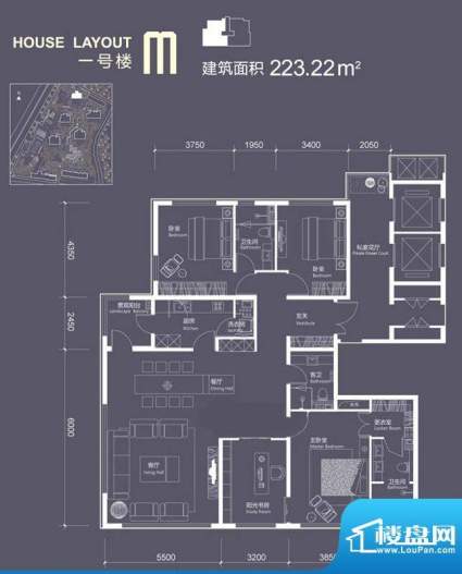 红玺台1号楼M户型 4室2厅3卫1厨面积:223.22平米