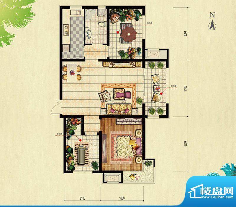 北京城建·红木林B-2户型 1室2面积:81.00平米