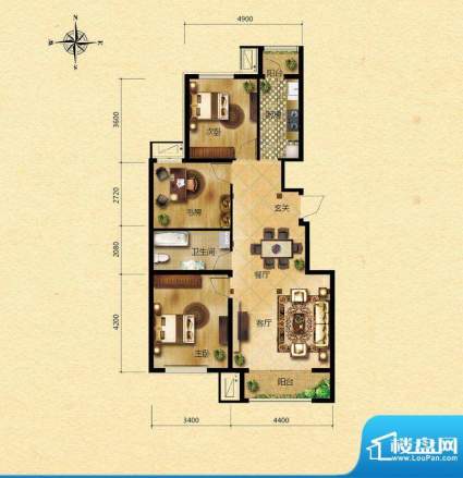 浅山香邑C2户型图 3室2厅1卫1厨面积:104.00平米