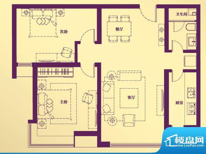 合生·滨江帝景D户型 2室2厅1卫面积:89.36平米