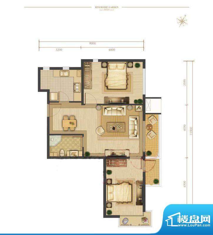 涧桥山F2户型 2室1厅1卫1厨面积:88.73平米