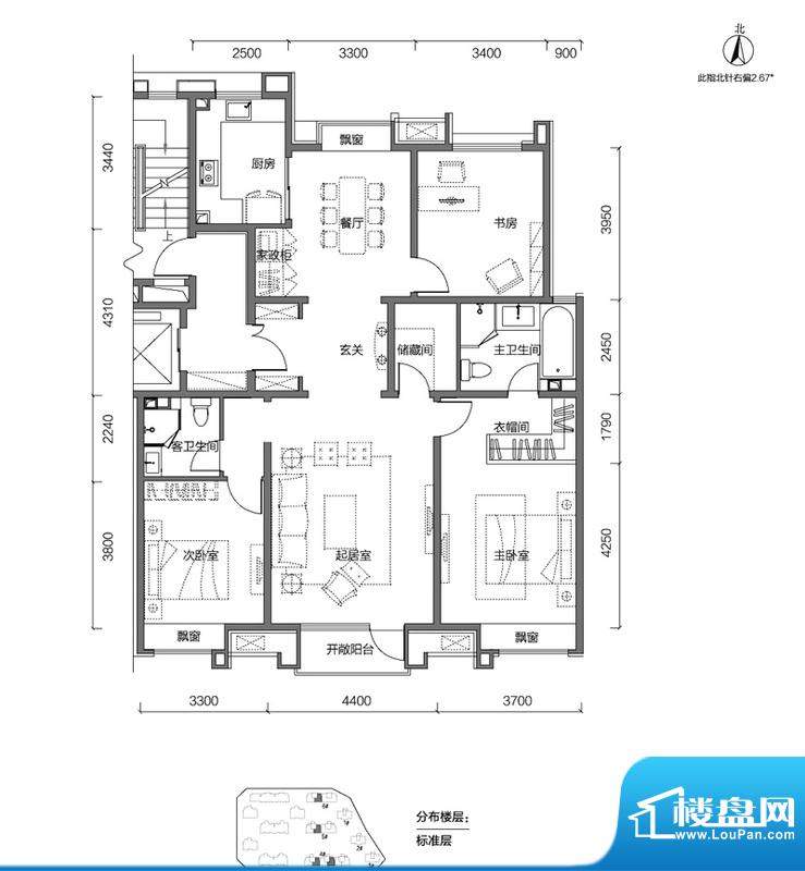 金第万科·朗润园3居户型图 3室面积:155.00平米