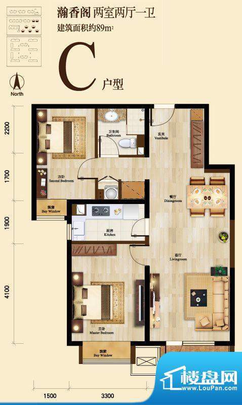 京投万科新里程C户型图 2室2厅面积:89.00平米