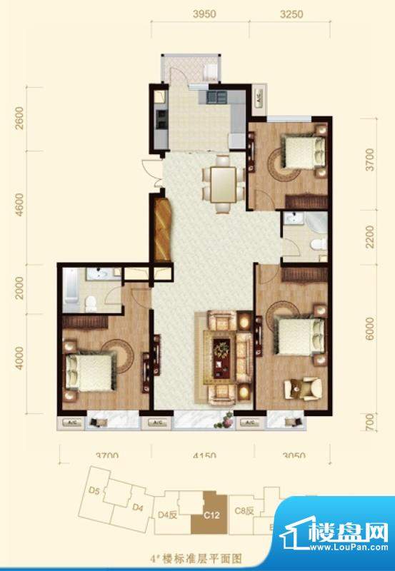 龙山广场4号楼C12户型 3室2厅2面积:150.00平米