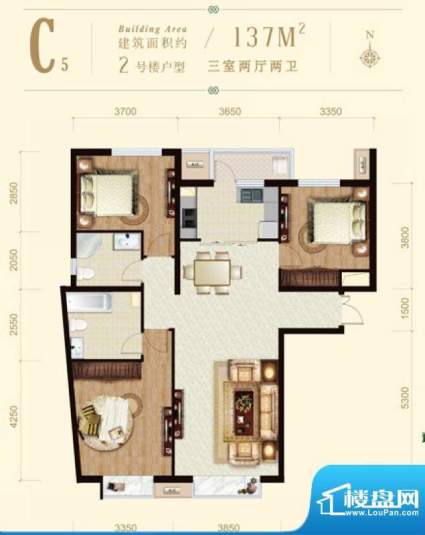 龙山广场2号楼C5户型 3室2厅2卫面积:137.00平米