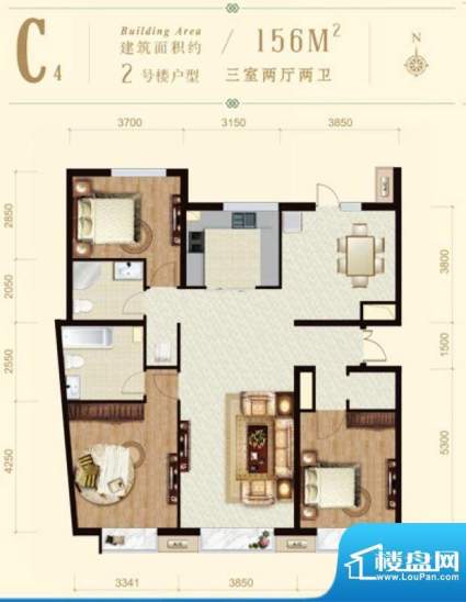 龙山广场2号楼C4户型 3室2厅2卫面积:156.00平米