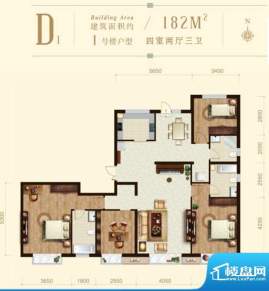 龙山广场1号楼D1户型 4室2厅3卫面积:182.00平米