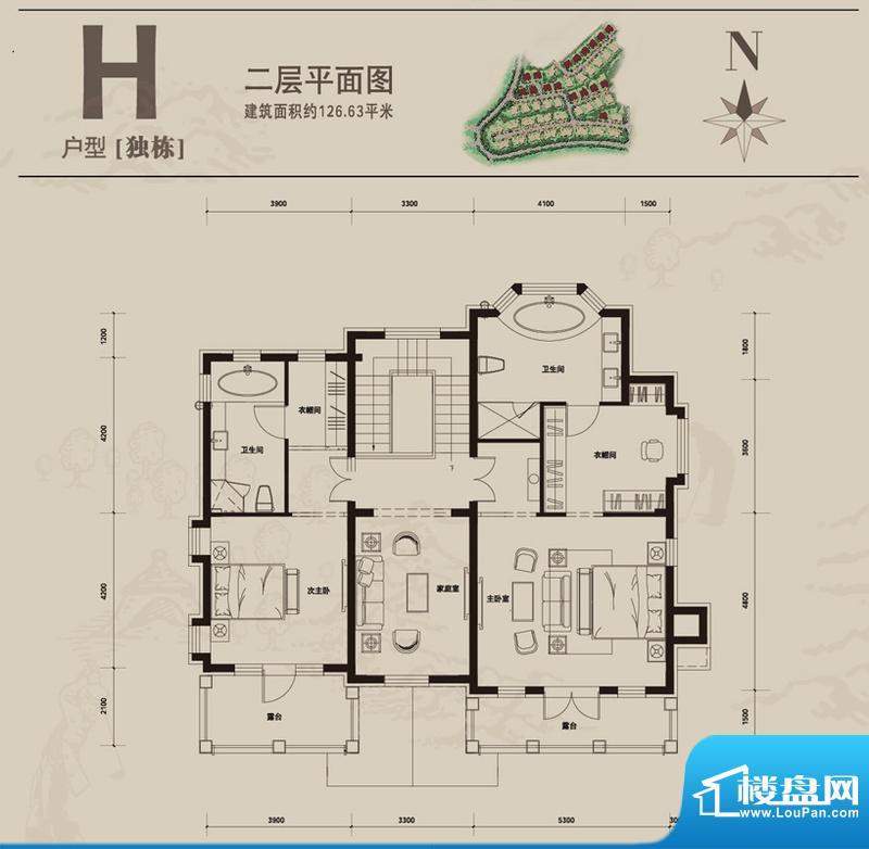 一渡新新小镇h户型二层平面图 面积:126.63平米