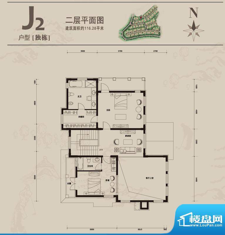 一渡新新小镇j2户型二层平面图面积:116.28平米