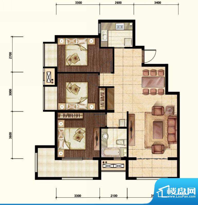 中昂·香醍三居室户型图 3室2厅面积:110.00平米
