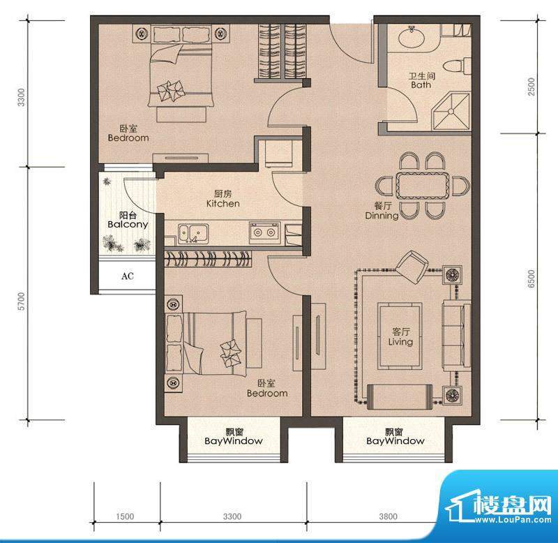 润泽公馆B-1户型 2室2厅1卫1厨面积:88.00平米