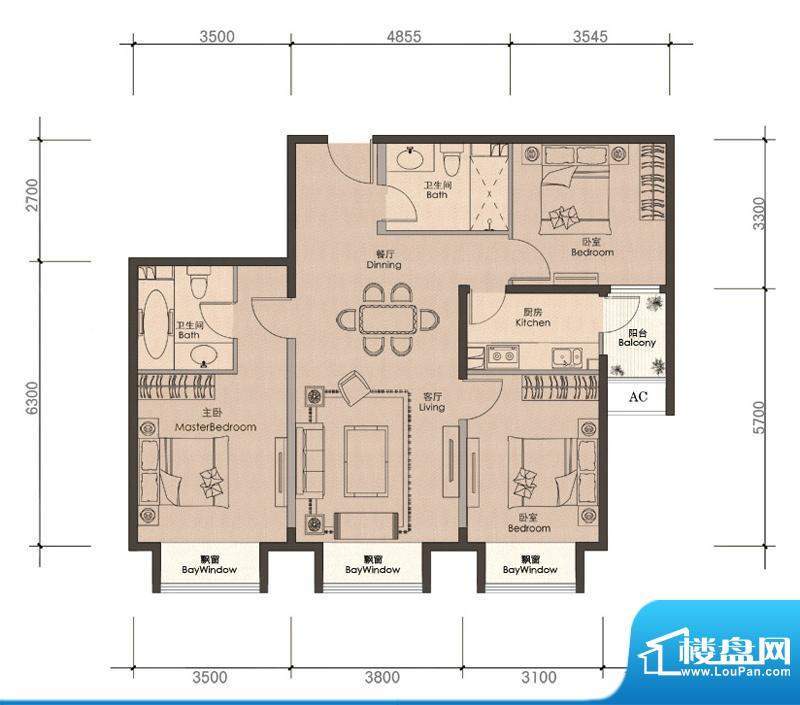 润泽公馆C-1户型 3室2厅2卫1厨面积:113.00平米