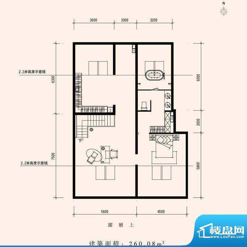 朱雀门家苑NN1西单元西户型二层面积:260.08平米