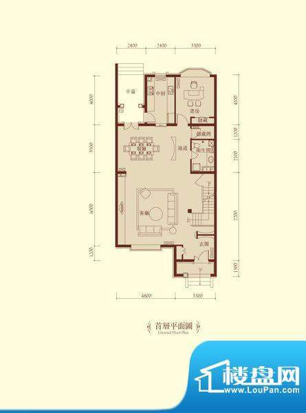 润泽庄园联排B-e1首层平面图 面积:114.28平米