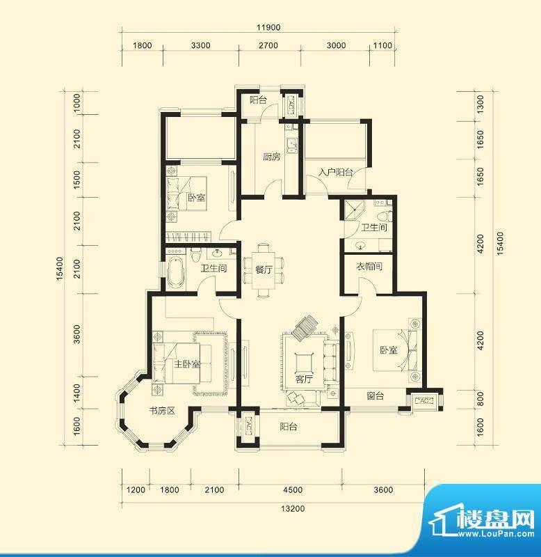 金科廊桥水岸平层户型D 3室2厅面积:155.00平米