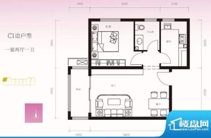 一品嘉园户型图-C1边户型 1室2