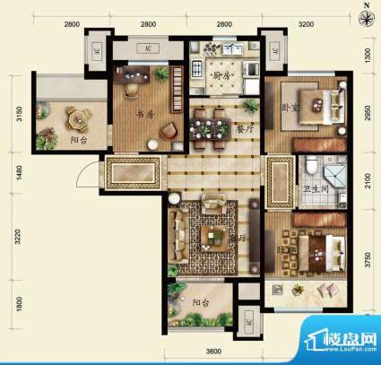 保利春天里C1户型 3室2厅1卫1厨面积:95.00平米