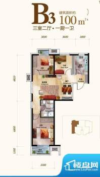 丽景长安B3户型 3室2厅1卫1厨面积:100.00平米