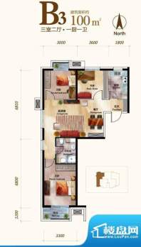 丽景长安B3户型 3室2厅1卫1厨面积:100.00平米