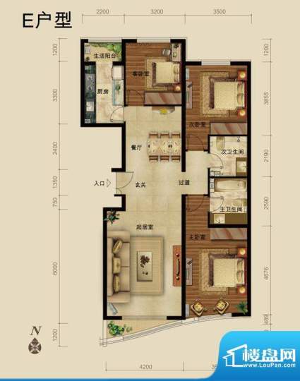 世藏168E户型 3室2厅2卫1厨面积:138.00平米