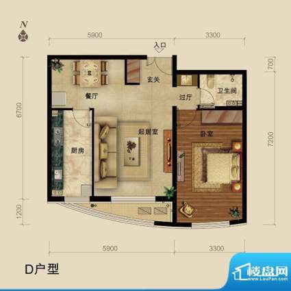 世藏168D户型 1室2厅1卫1厨面积:78.00平米