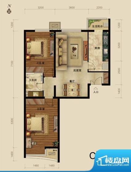 世藏168C`户型 2室2厅1卫1厨面积:104.00平米
