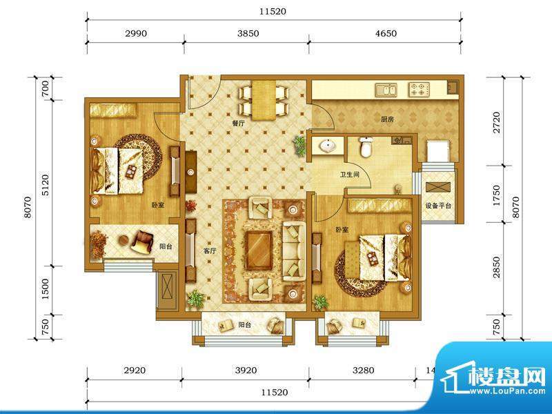 鲁能7号院·溪园B1户型图 2室2面积:88.00平米