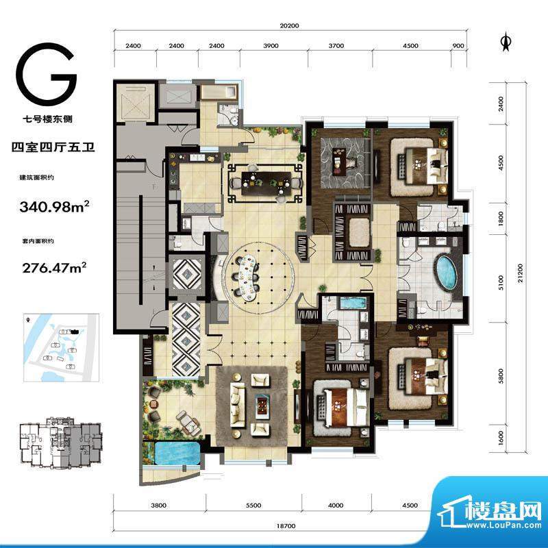 紫御华府G户型 4室4厅5卫1厨面积:340.00平米