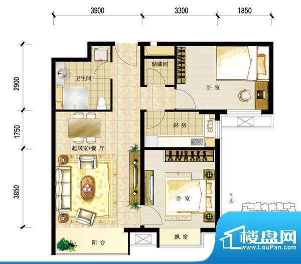 首城国际中心B8#楼2-I户型 2室面积:85.88平米