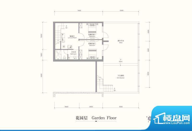 中国山水醉J户型花园层 2室1厅面积:164.00平米