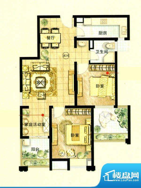 保利叶语A14户型 2室2厅1卫1厨面积:90.00平米