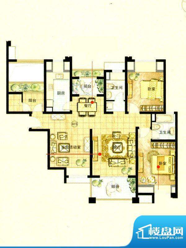 保利叶语A15户型 3室2厅2卫1厨面积:125.00平米