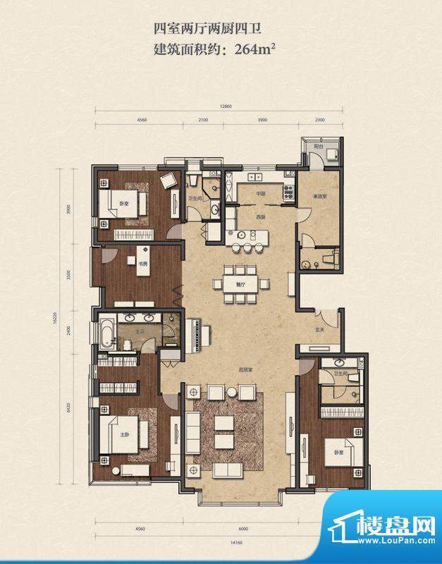 招商嘉铭·珑原A2-01户型 4室2面积:264.00平米
