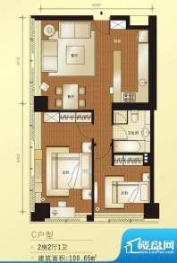橡树公馆C户型图 2室2厅1卫1厨面积:100.65平米