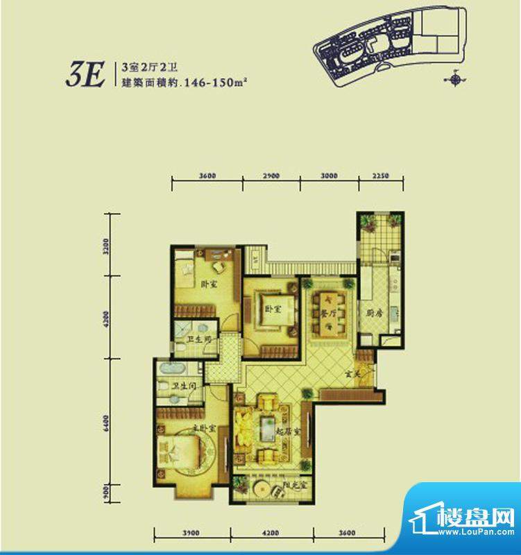 融科钧廷3E户型 3室2厅2卫1厨面积:145.00平米